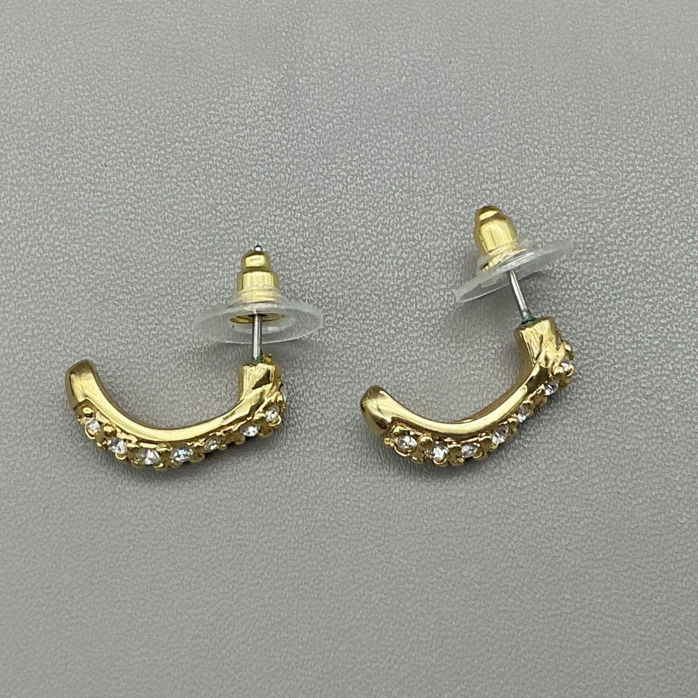 Swarovski Earrings Gold Tone Crystal Curved Half Hoop Stud Pierced Sparkle - Picture 7 of 9